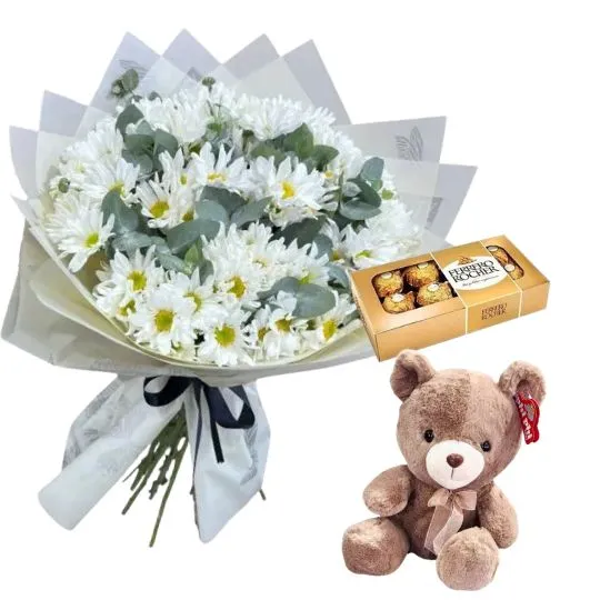Ramo de flores margaritas blancas rocher x8 y peluche